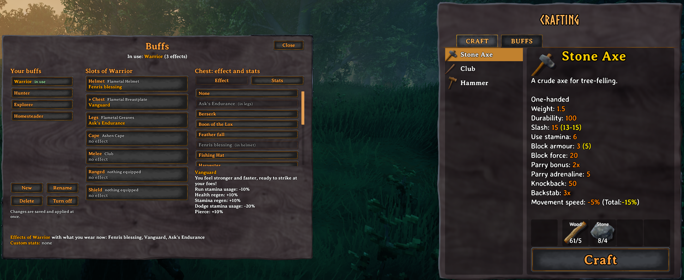The Buffs window, opened from the BUFFS tab next to CRAFT