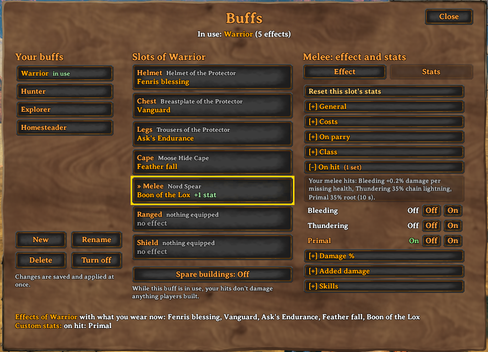 On hit: Bleeding, Thundering and Primal switches on the melee slot