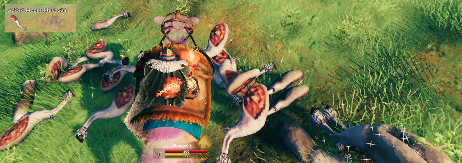 Riding a spirit moose through scattered moose meat as it flies up to the rider; inset: the game's "Added Moose Meat x34"