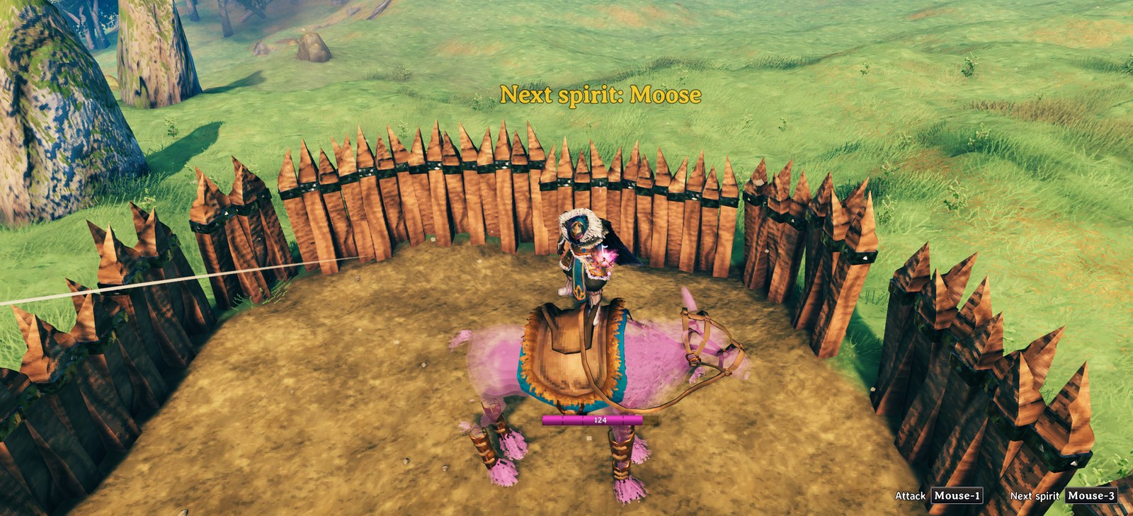 "Next spirit: Moose" while riding a saddled spirit moose, and "Next spirit" on middle mouse in the key hints