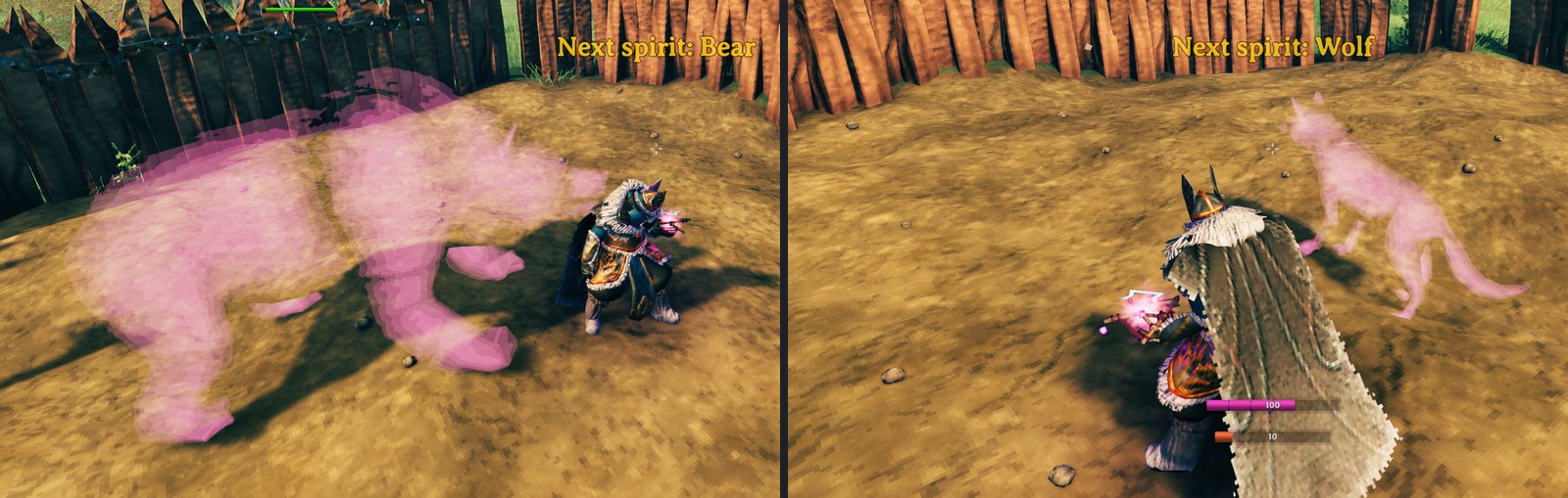 Next spirit: Bear with a spirit bear; Next spirit: Wolf with a spirit wolf