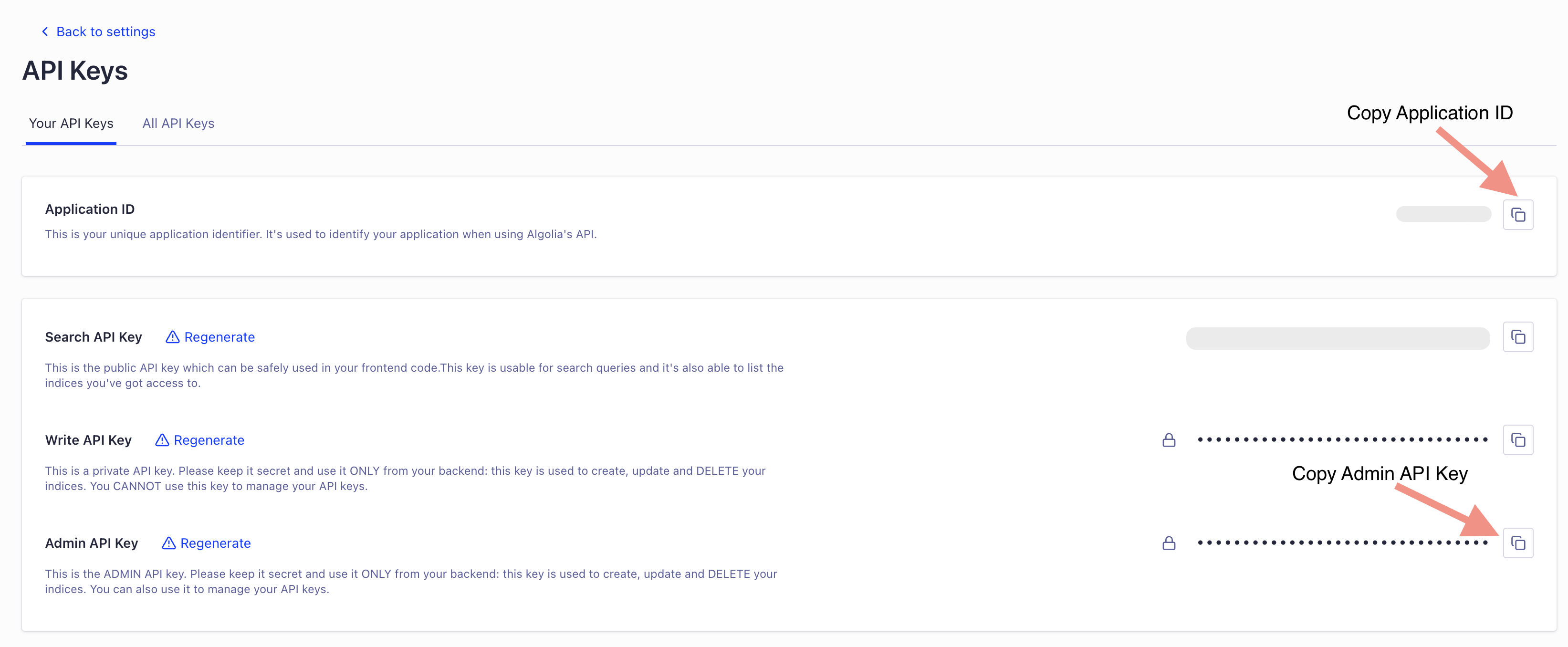 API Keys page