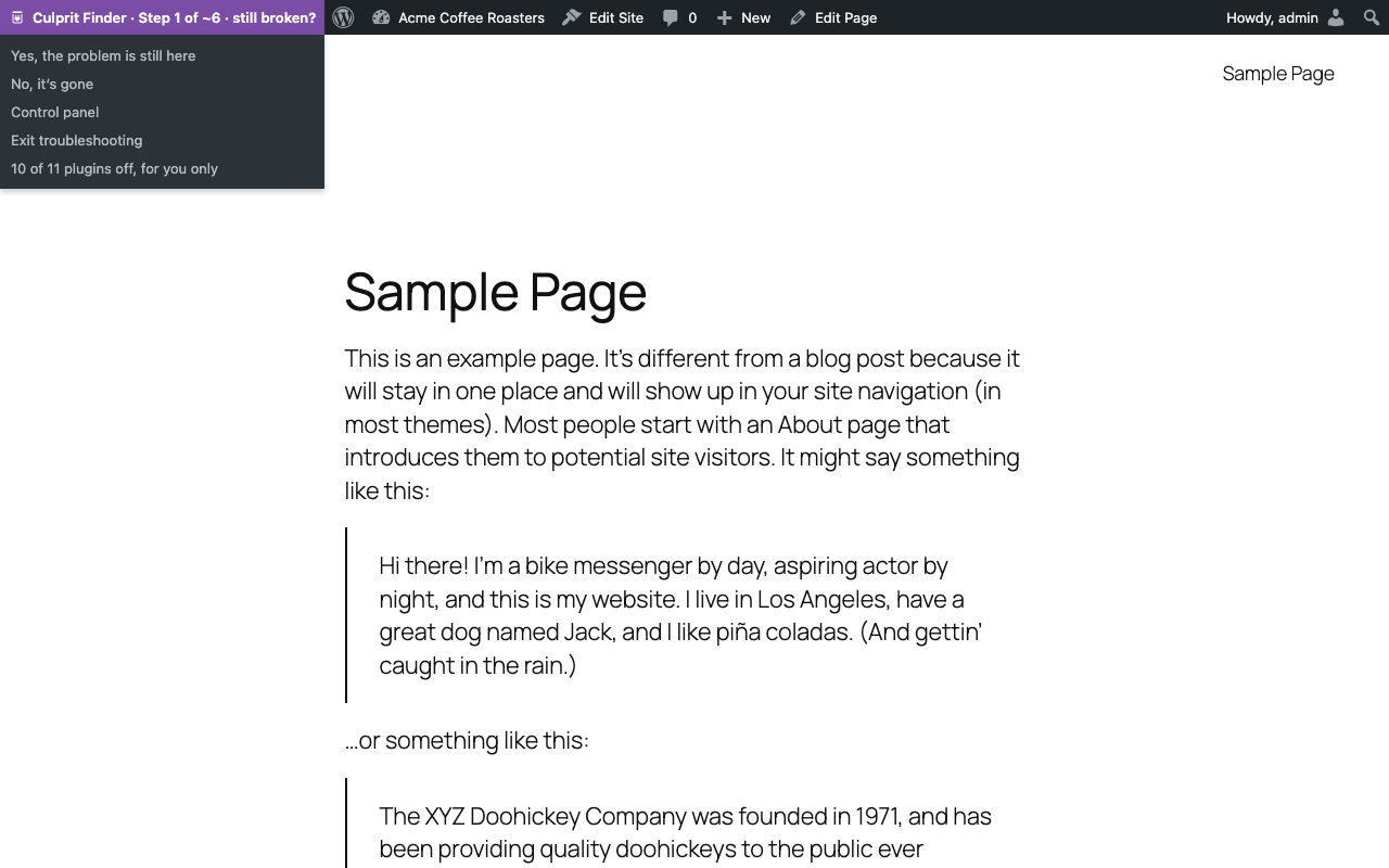 The purple toolbar on the front end