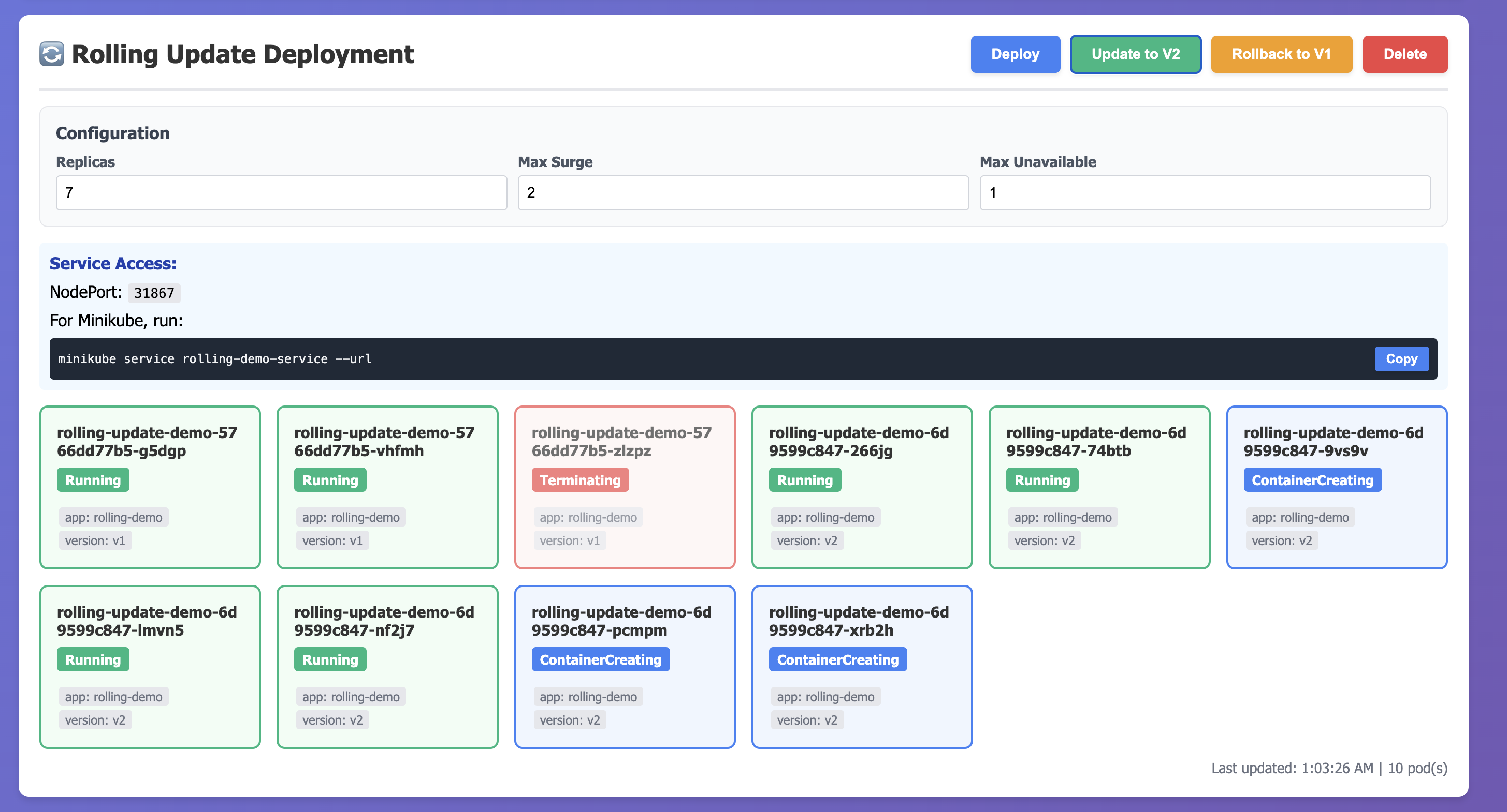 The dashboard demonstrating Rolling Updates