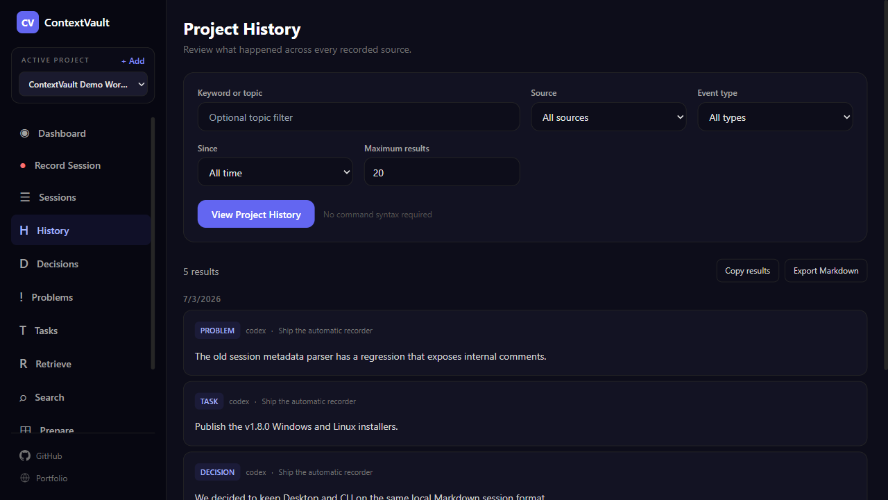ContextVault Desktop GUI screens with filters and results