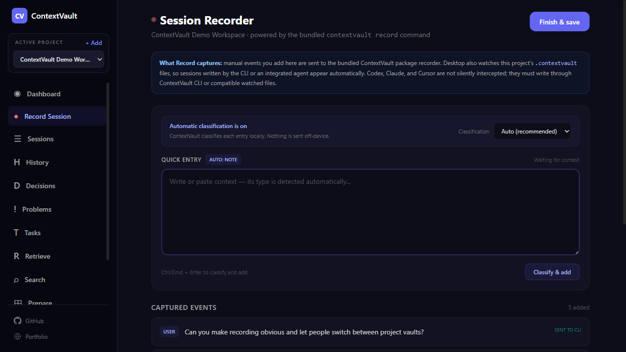 ContextVault Desktop recorder with automatic classification