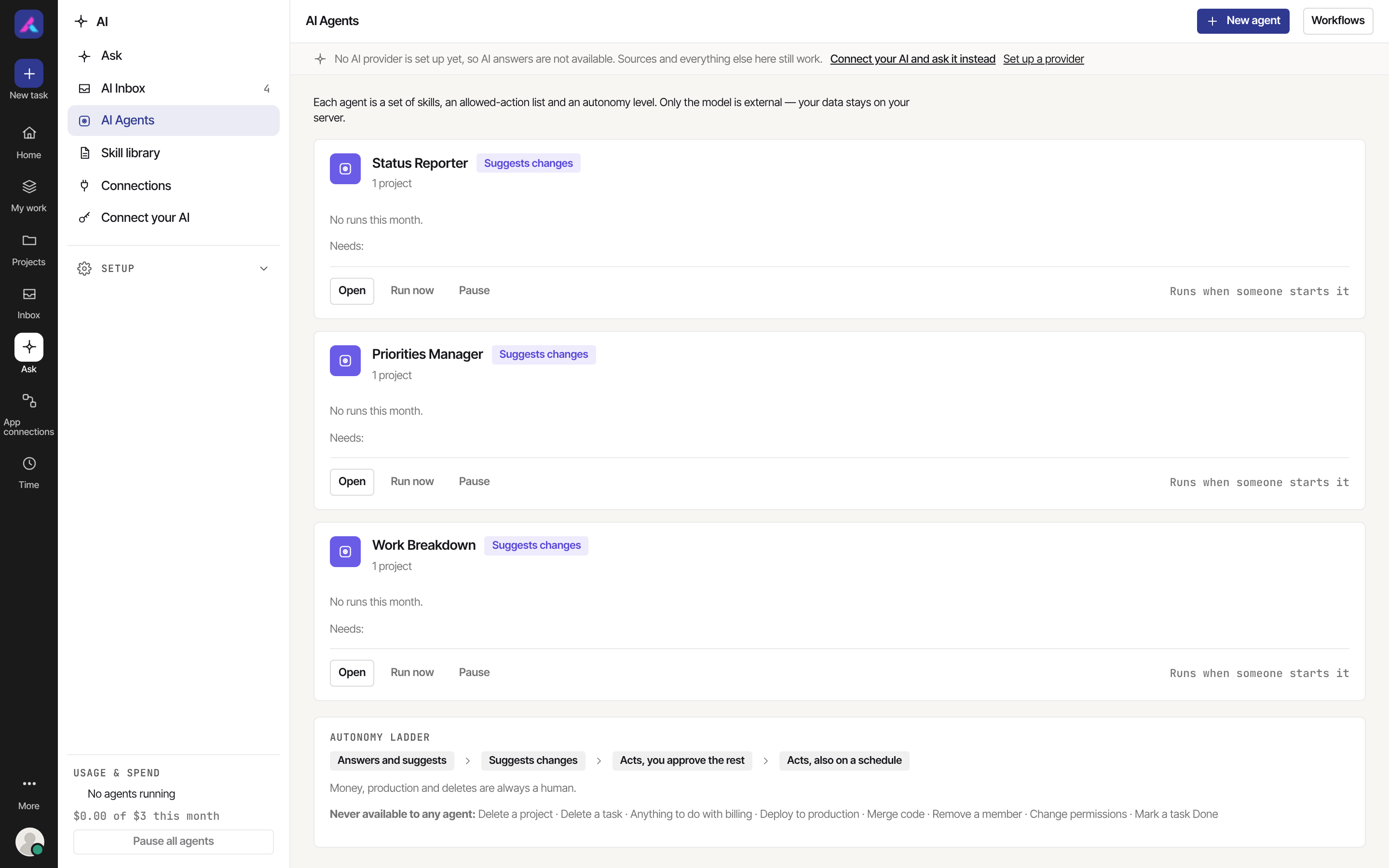 AI Agents page with three agents, their autonomy level and the autonomy ladder