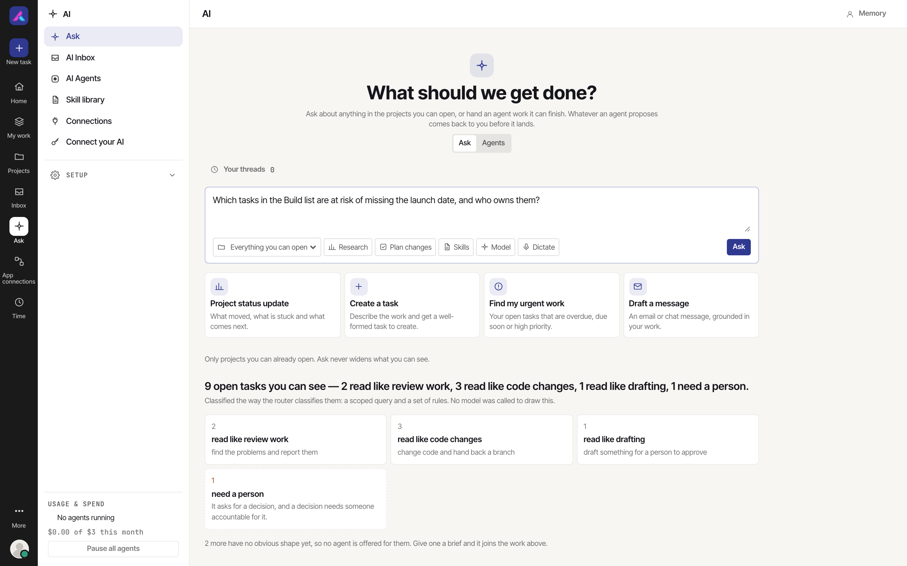 AI Ask with a question typed about at-risk tasks, scope and research controls, and suggested starting points