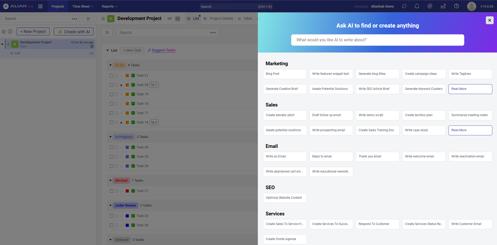 AlianHub AI assist modal with prompt templates across Marketing, Sales, Email, SEO, and Services