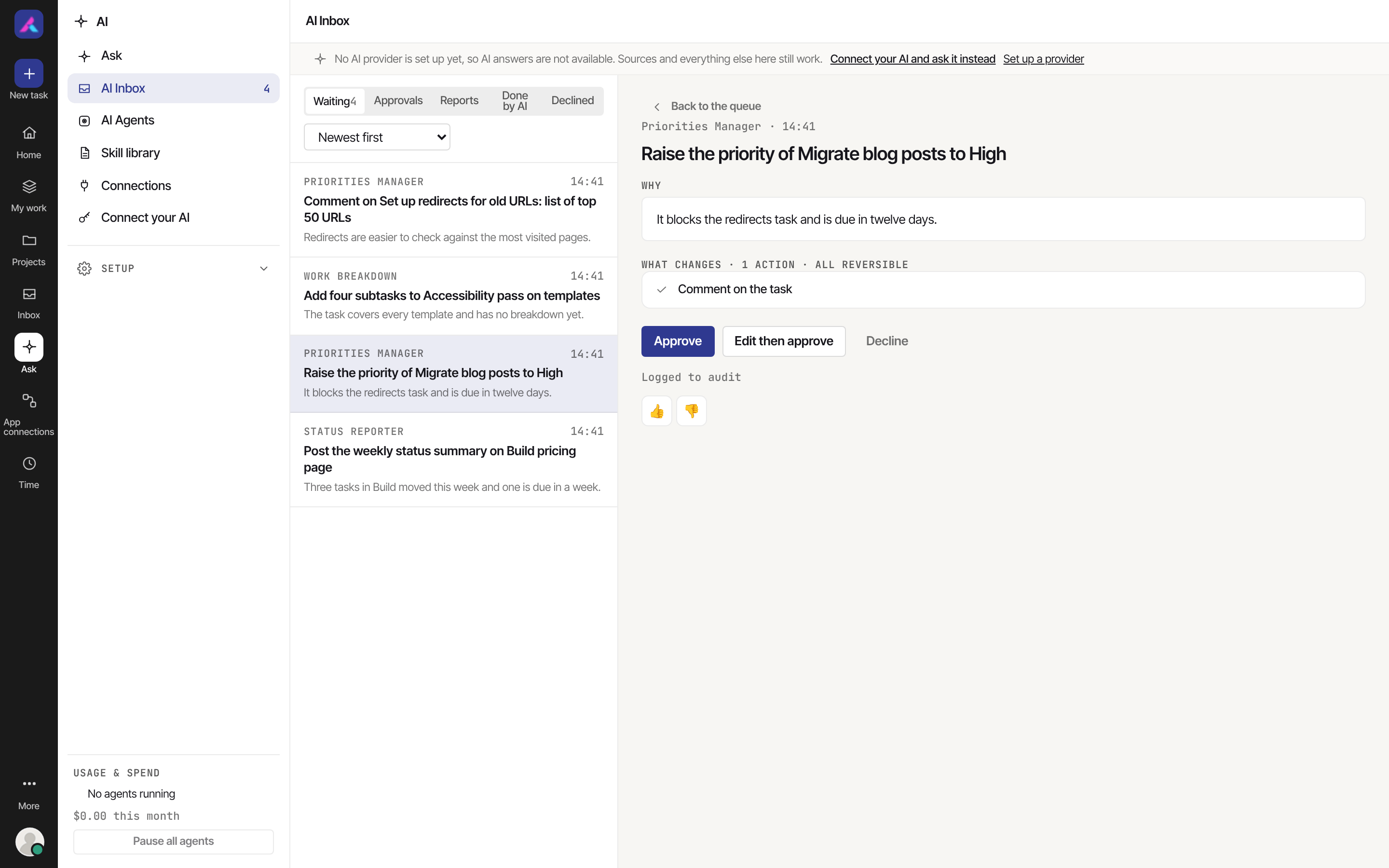 AI Inbox with agent proposals waiting for approval and the changes one would make