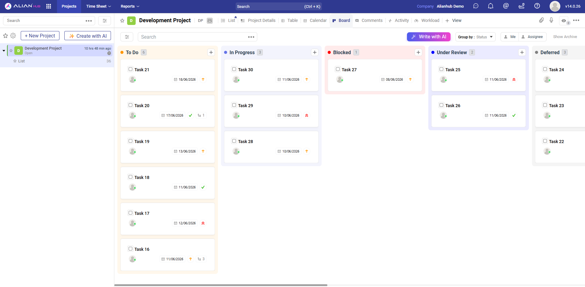 AlianHub Kanban board showing tasks grouped by status columns with due dates, assignees, and priority indicators