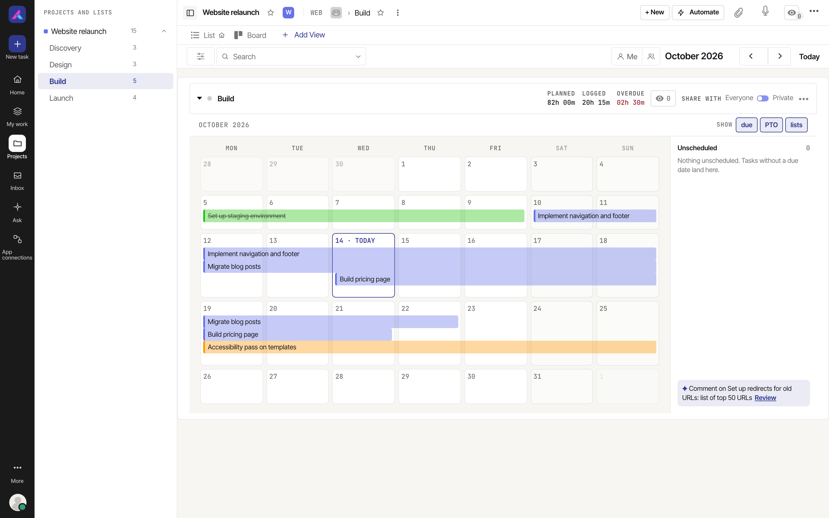 Calendar view of the Build list for one month, with each task as a bar from its start to its due date and an unscheduled tray