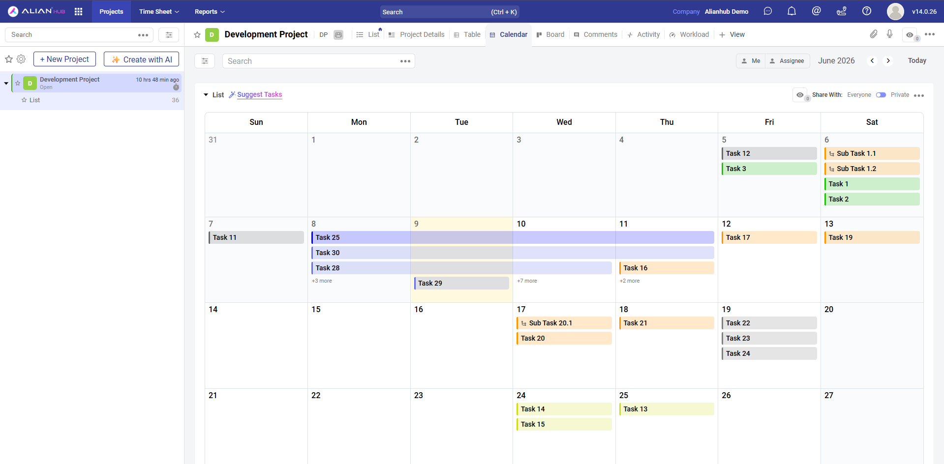 AlianHub monthly calendar view with tasks and sub-tasks as color-coded bars spanning days