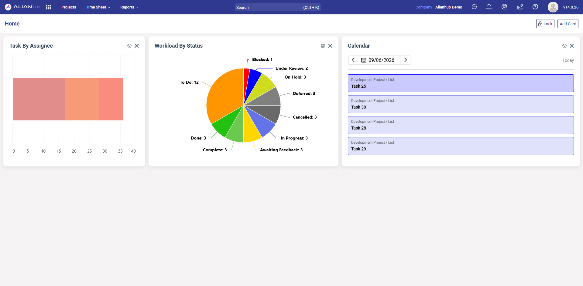 AlianHub customizable dashboard showing task-by-assignee, workload-by-status, and calendar widgets