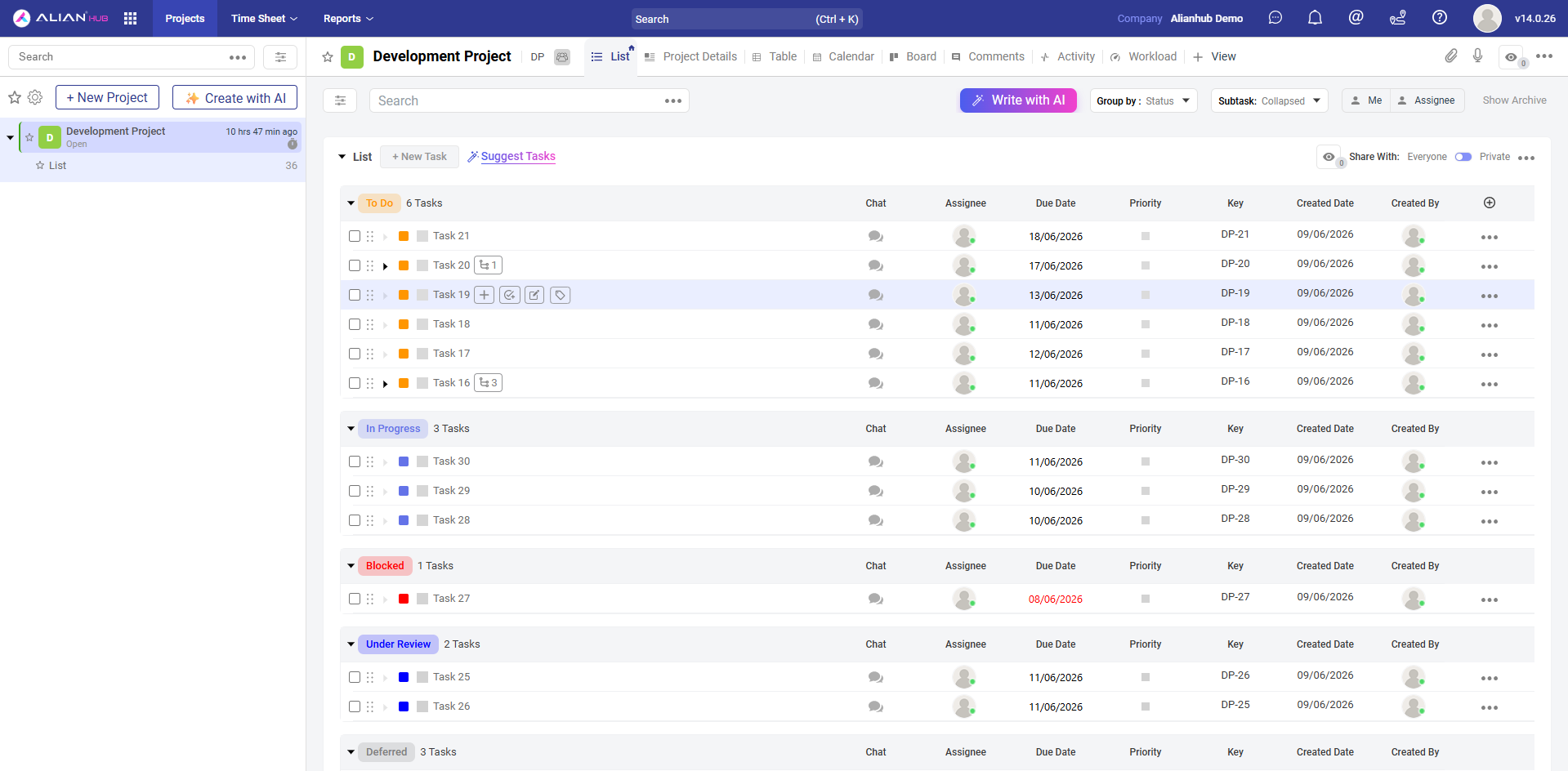 AlianHub list view with tasks grouped by status, showing assignee, due date, priority, and bulk-action toolbar