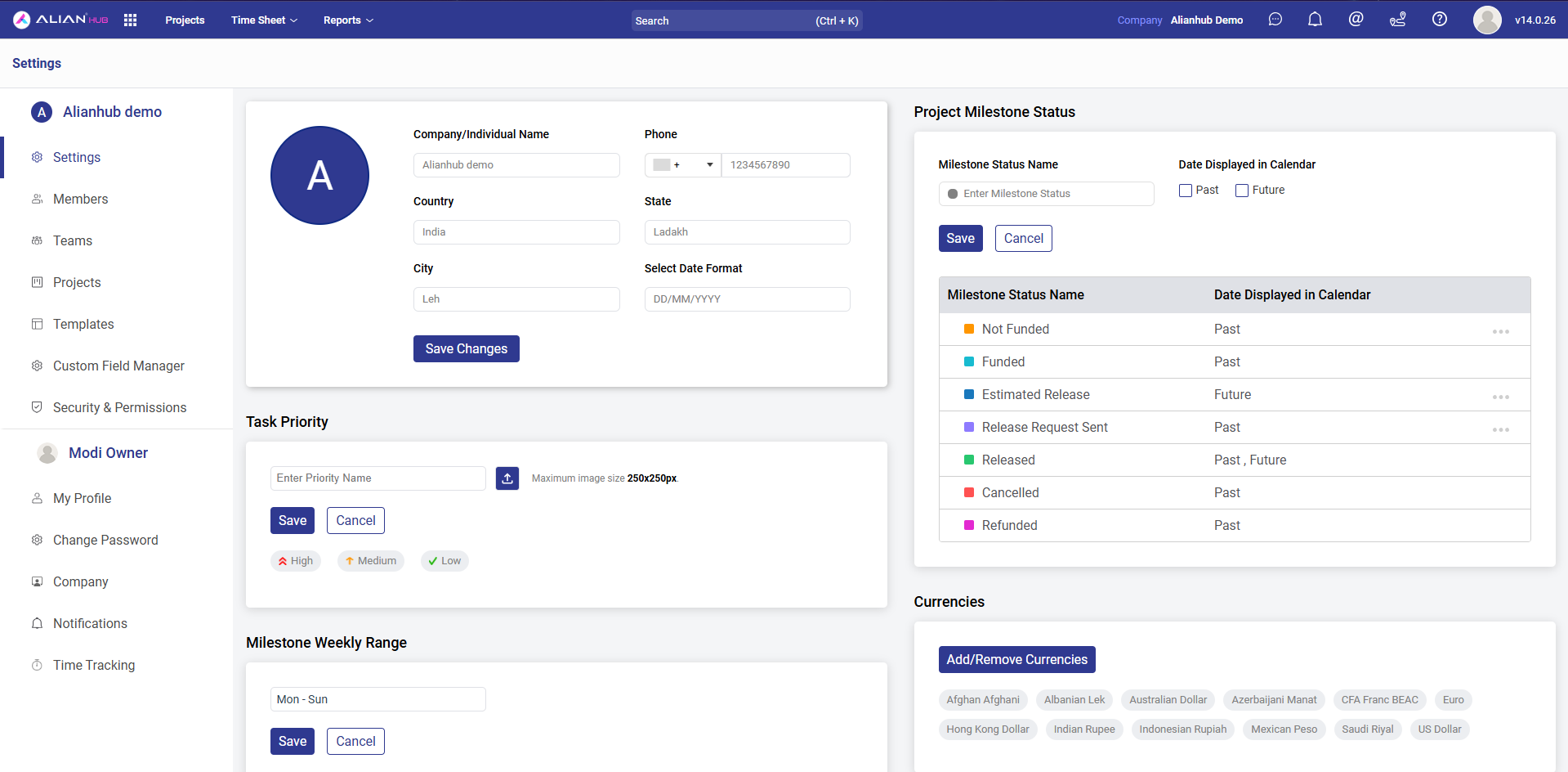 AlianHub company settings page with task priorities, milestone statuses, multi-currency support, and a deep customization sidebar