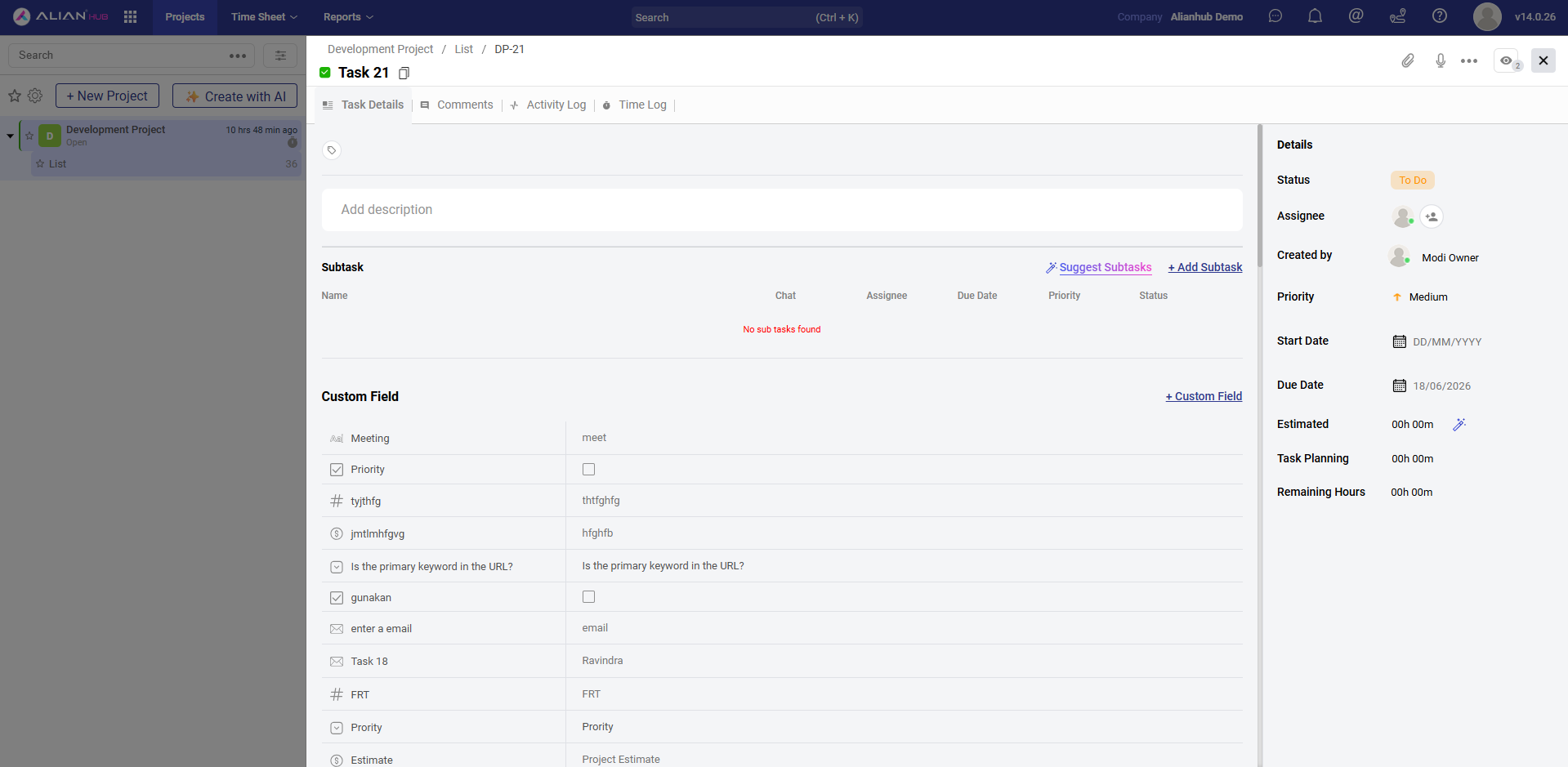 AlianHub task detail view showing description, sub-tasks, custom fields, and right-side metadata panel with status, assignees, dates, and time estimates