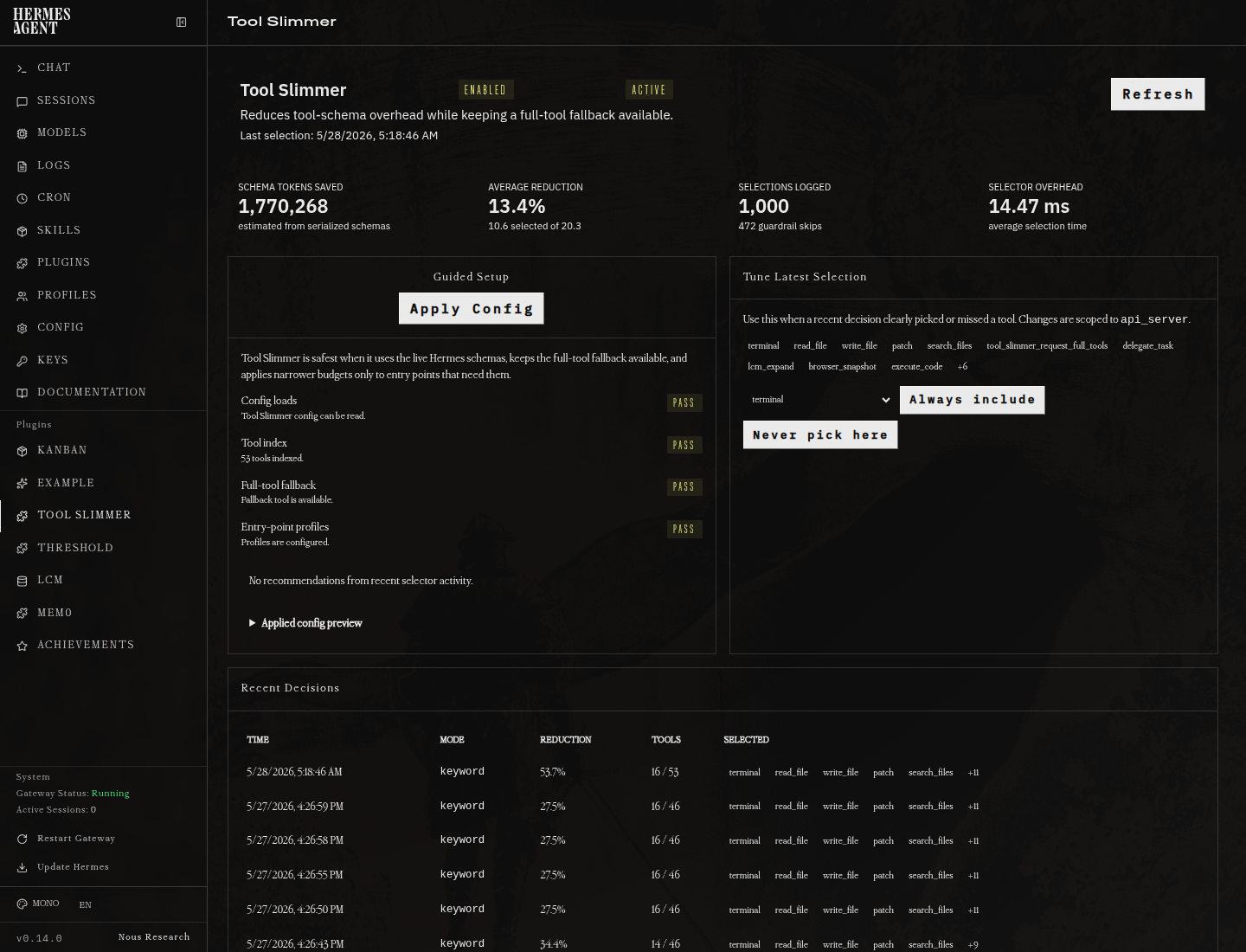 Hermes Tool Slimmer dashboard