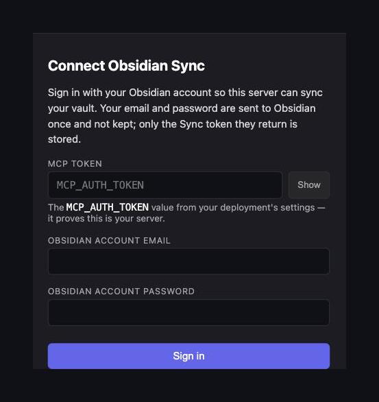 The Connect Obsidian Sync setup page with MCP token, email, and password fields