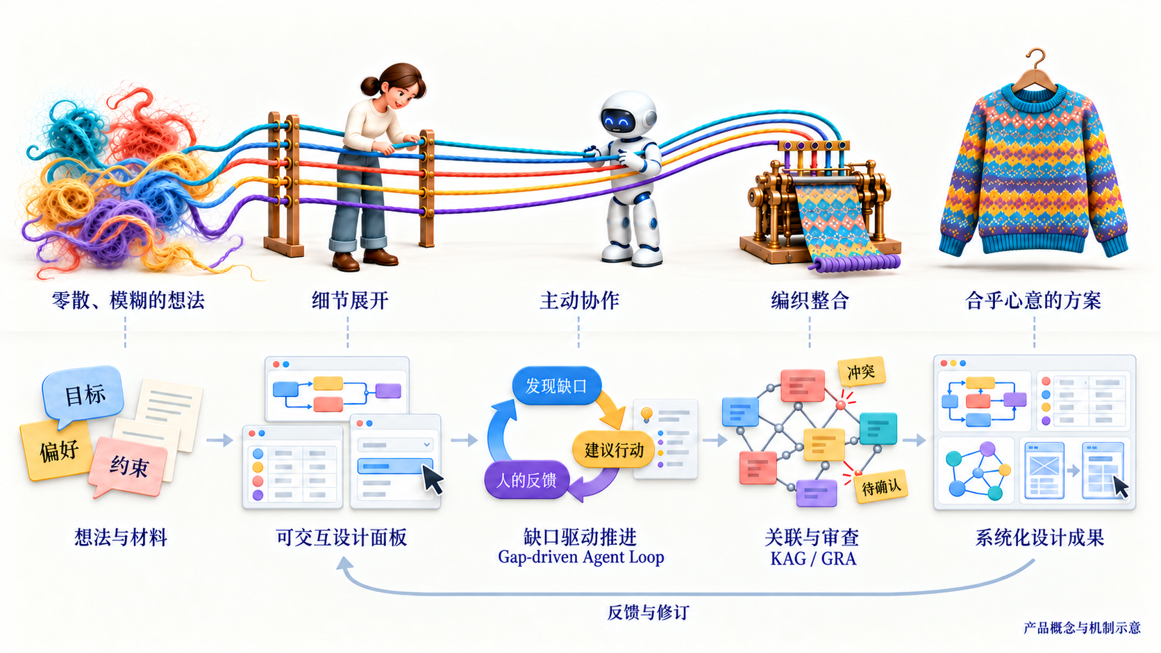 语构设计系统(Yugoo Design)产品概念:从零散想法出发,通过可交互设计面板、缺口驱动协作与 KAG/GRA 整合,形成可持续反馈和修订的系统化设计成果