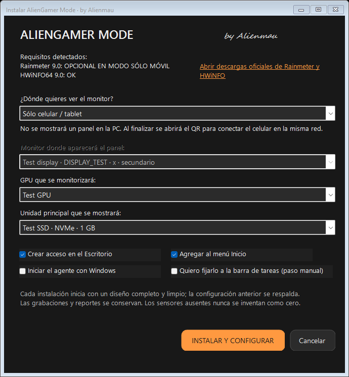 Instalación sólo móvil, datos de prueba