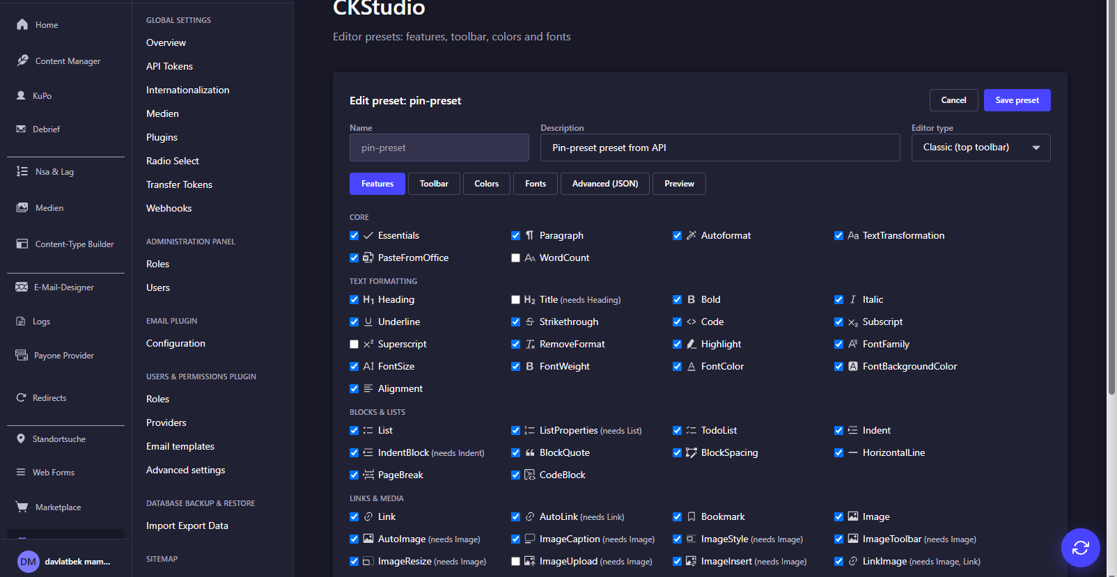 Features tab