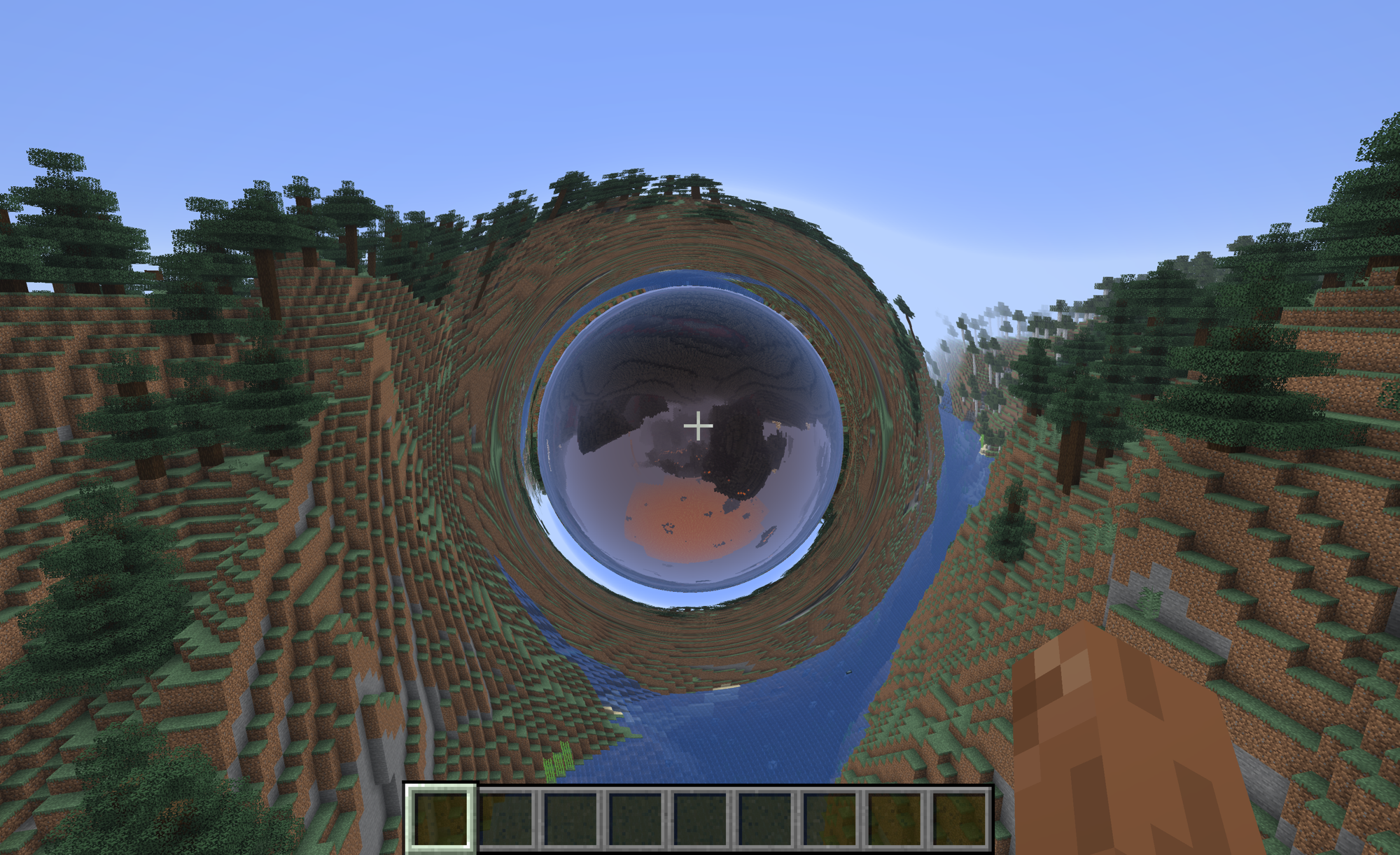 A wormhole mouth lensing the surrounding terrain into a sphere