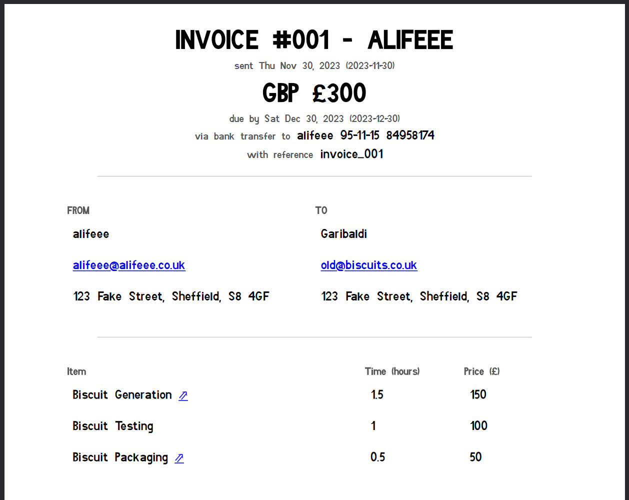 Screenshot of PDF invoice, filled in with example data.