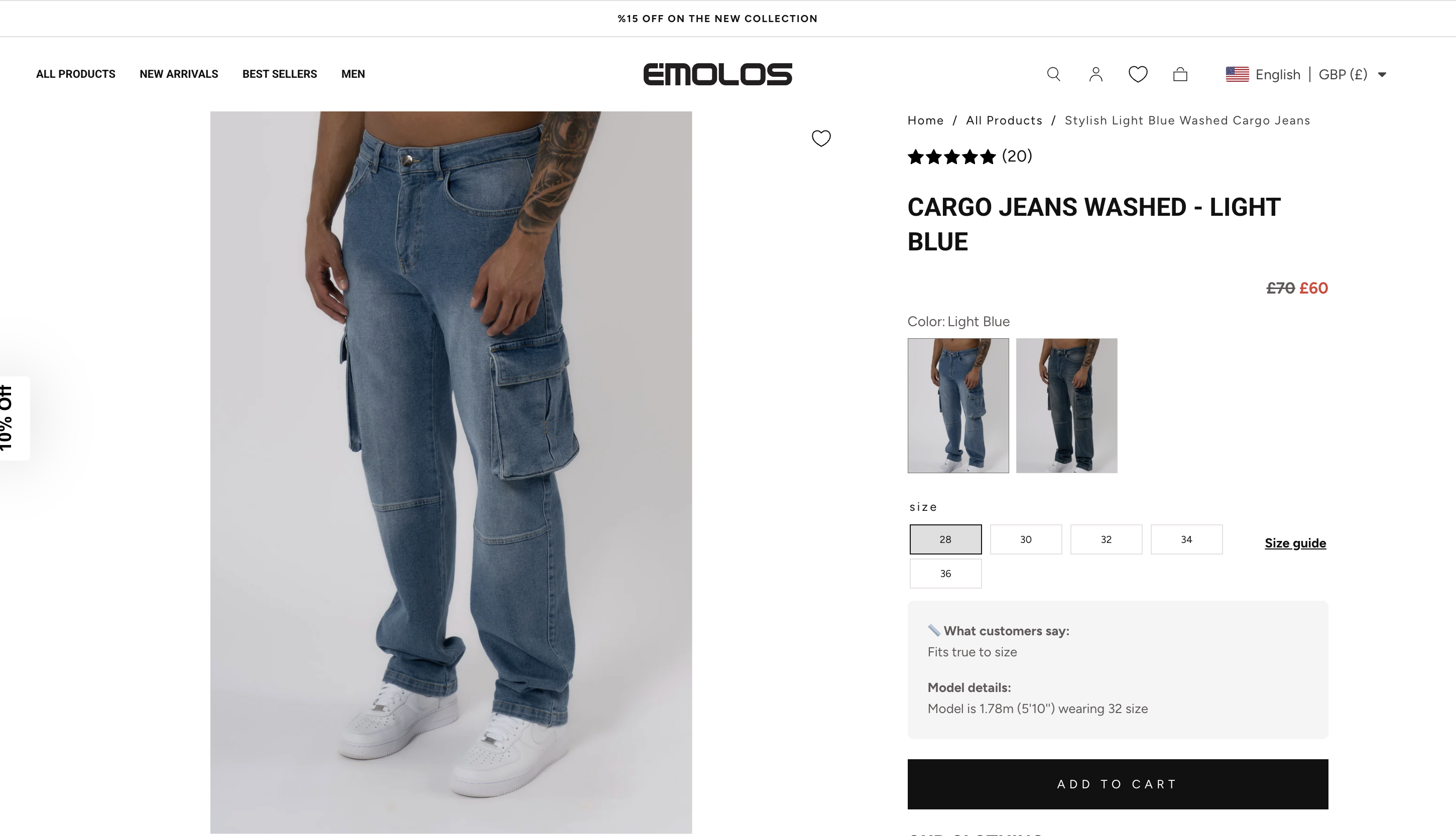 Emolos Product Detail Page - Cargo Jeans with Size Guide