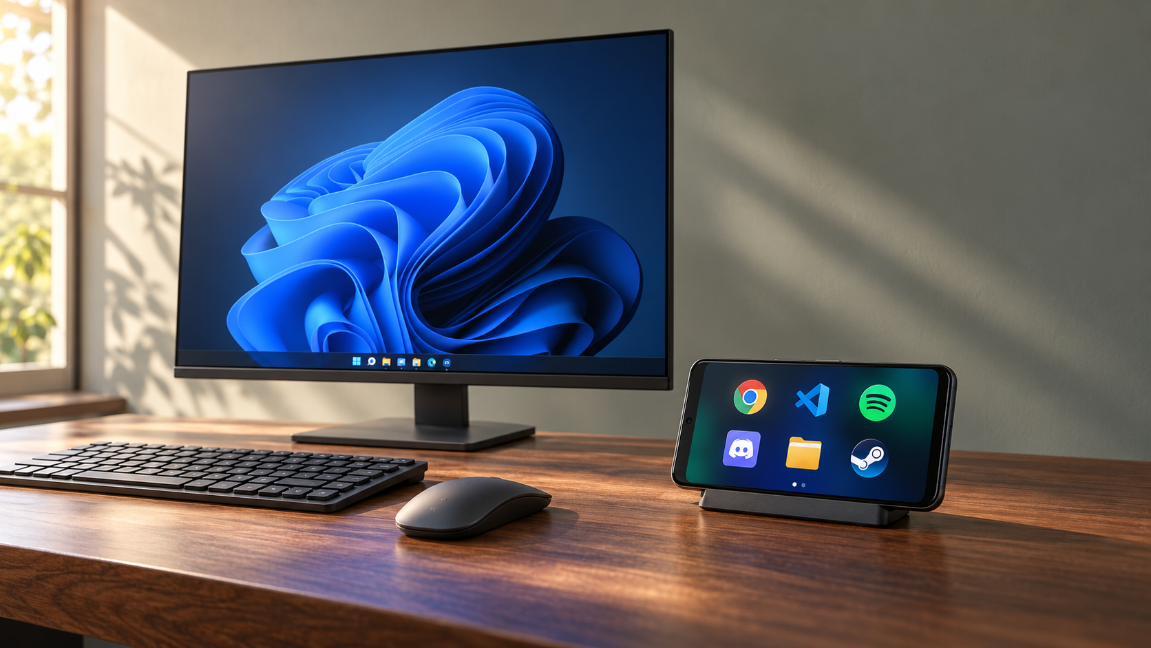 A Windows desktop with WinDock running on a landscape phone beside the keyboard.