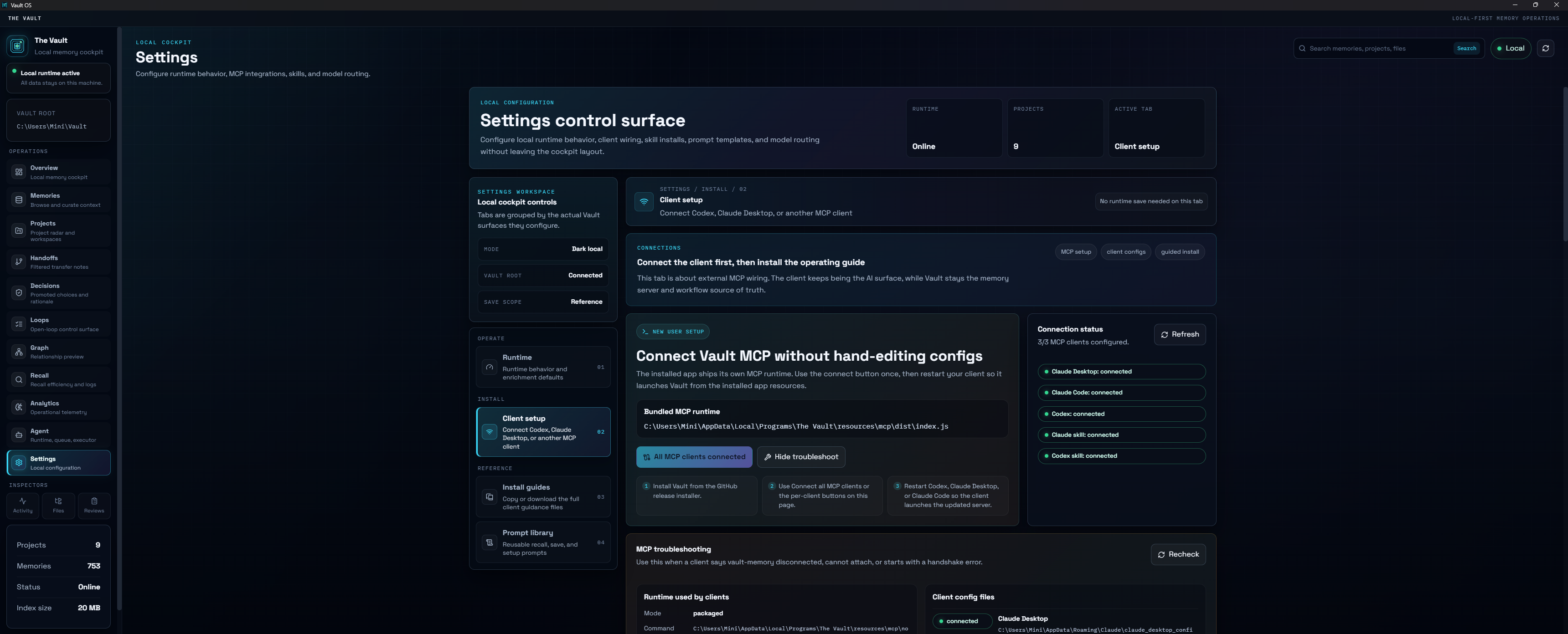 The Vault Client setup screen showing the bundled MCP runtime, all-client connection status, and troubleshooting details