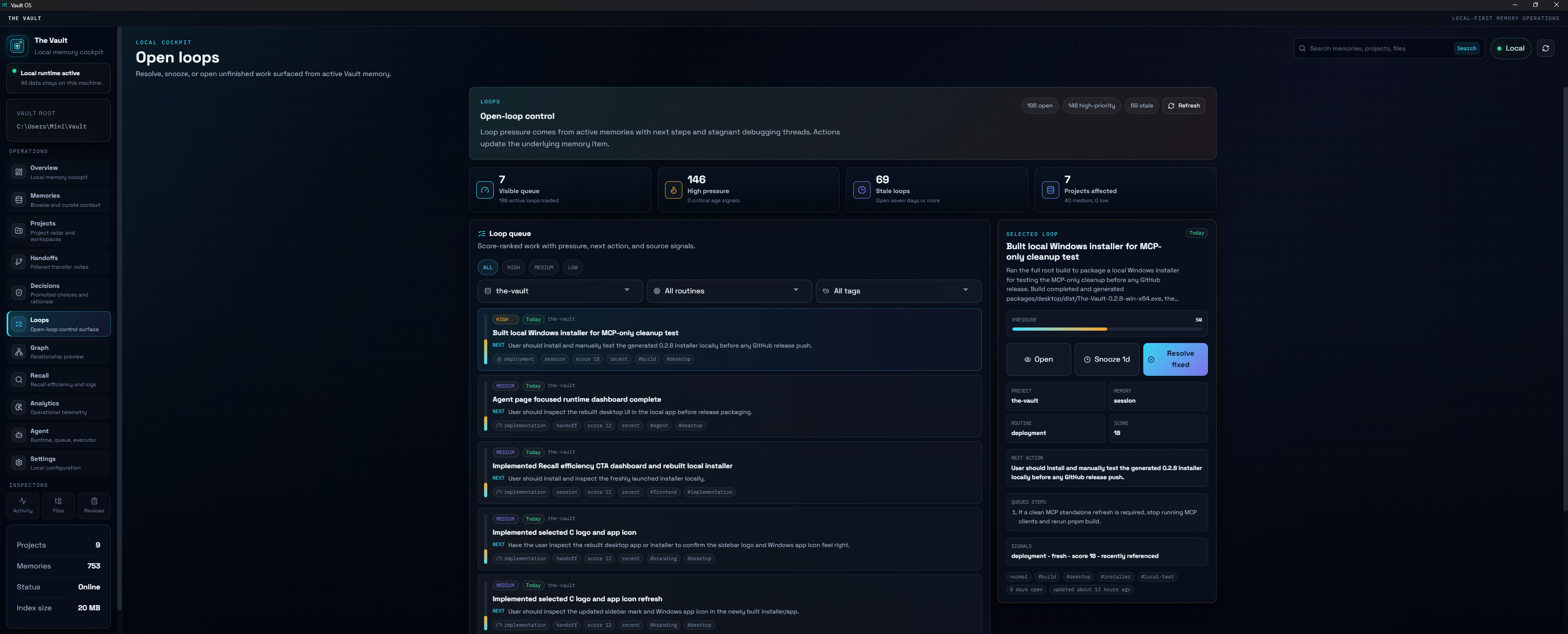 The Vault Open Loops page showing priority metrics, filters, ranked loop queue, selected loop detail, and resolve/snooze actions