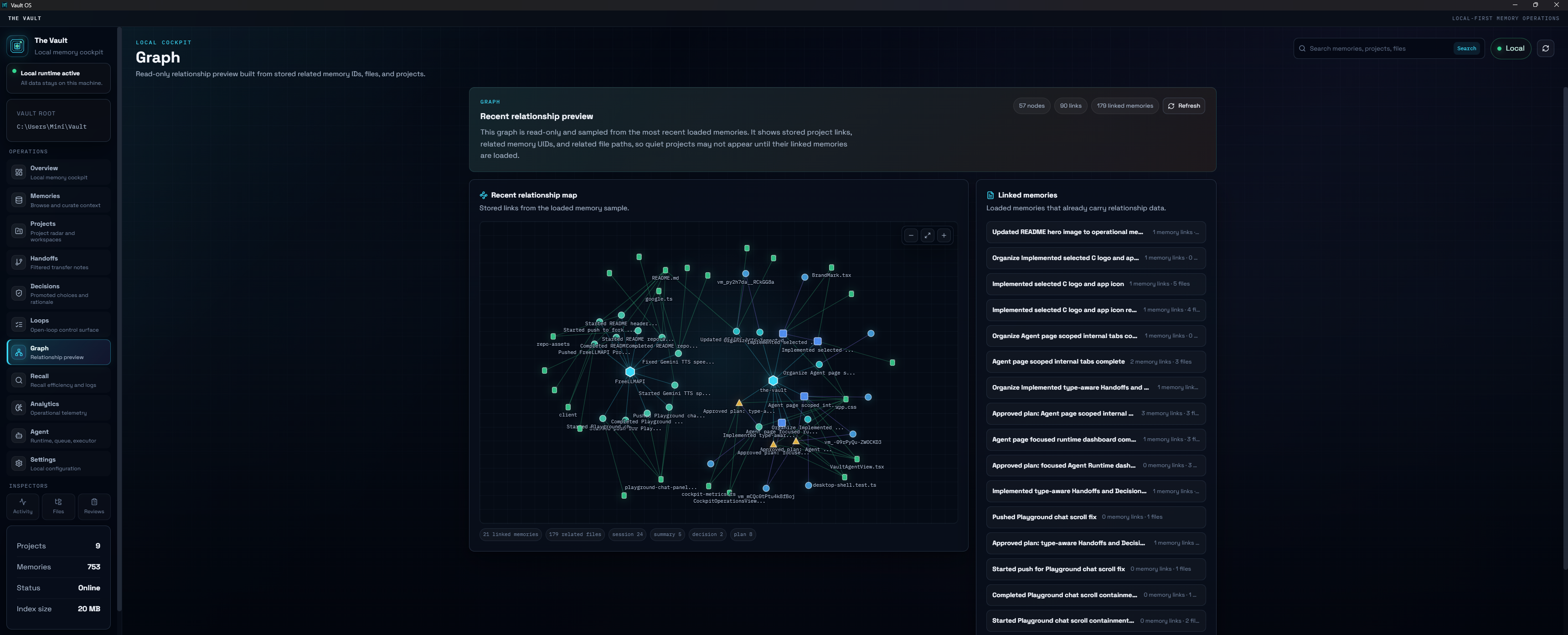 The Vault Graph page showing a relationship map and linked memory records