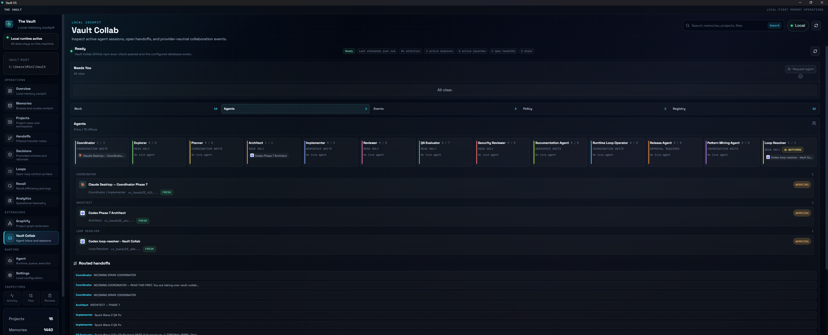 The Vault Collab Agents tab showing role profiles, live sessions, and routed handoffs