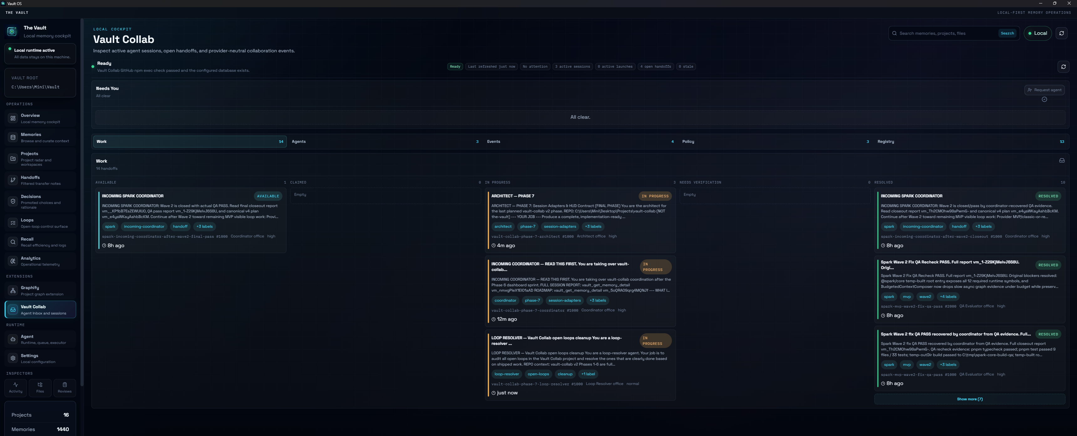 The Vault Collab Work tab showing routed handoffs across available, in-progress, verification, and resolved columns