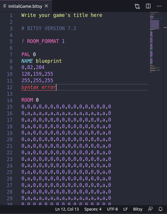 screenshot of highlighted Bitsy game data