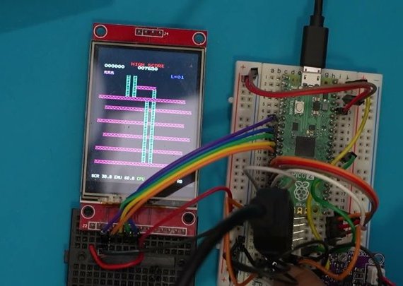 A Raspberry Pi Pico 2 on a breadboard running Donkey Kong
