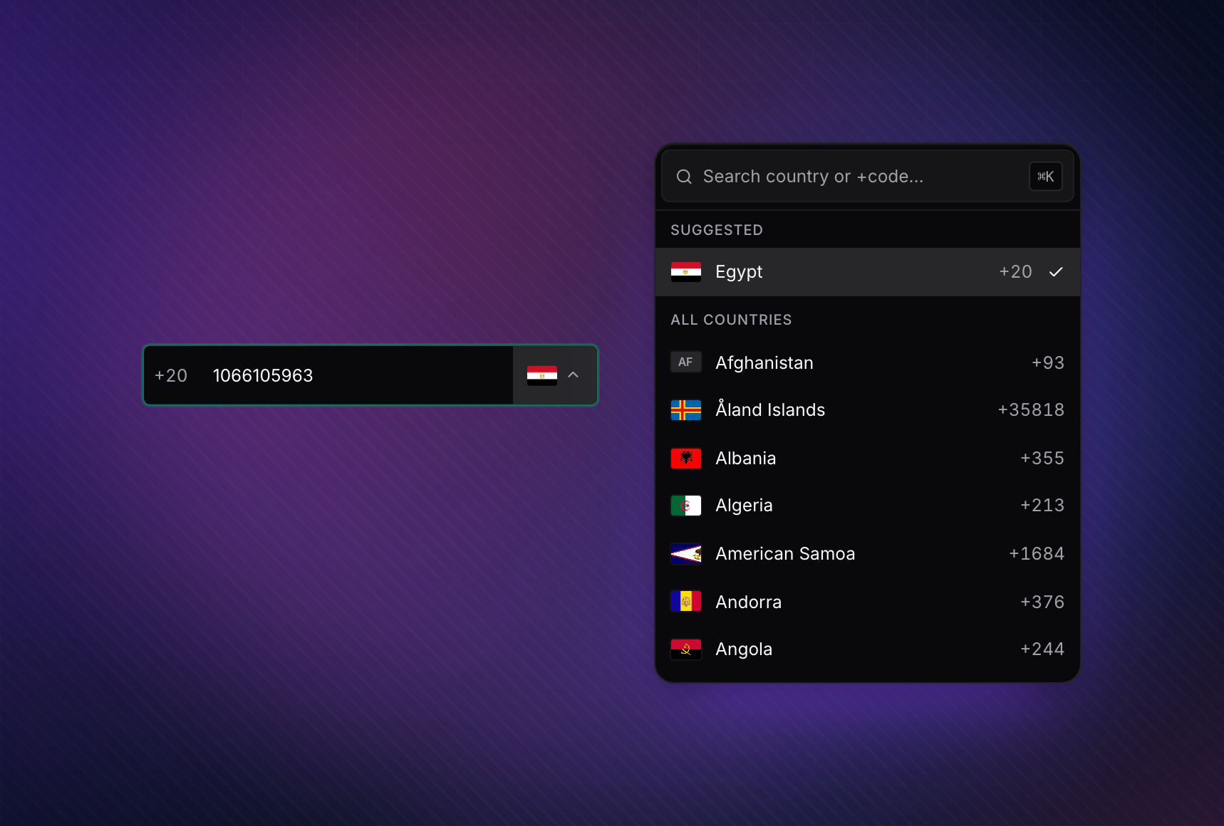 ATelInput — input on the left with the country picker open next to it, showing flags, country names, and dial codes