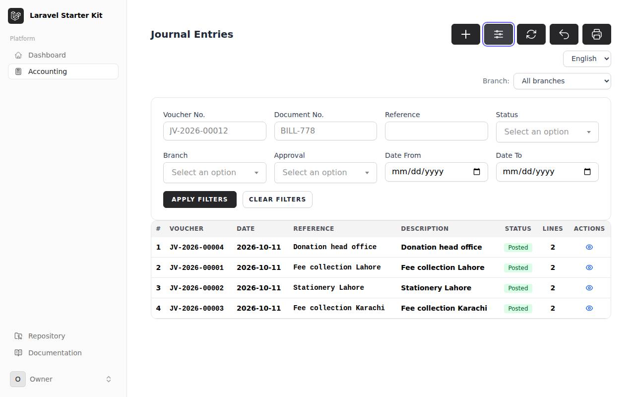 The filters of a list, opened with the filter button, in the Livewire starter kit