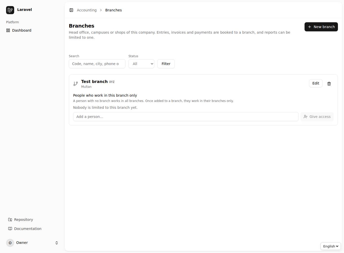 The branches screen in React