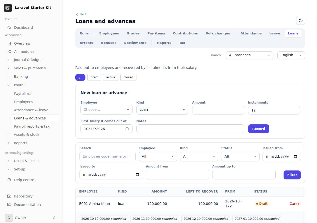 Flux sidebar: the Accounting menu with Payroll open