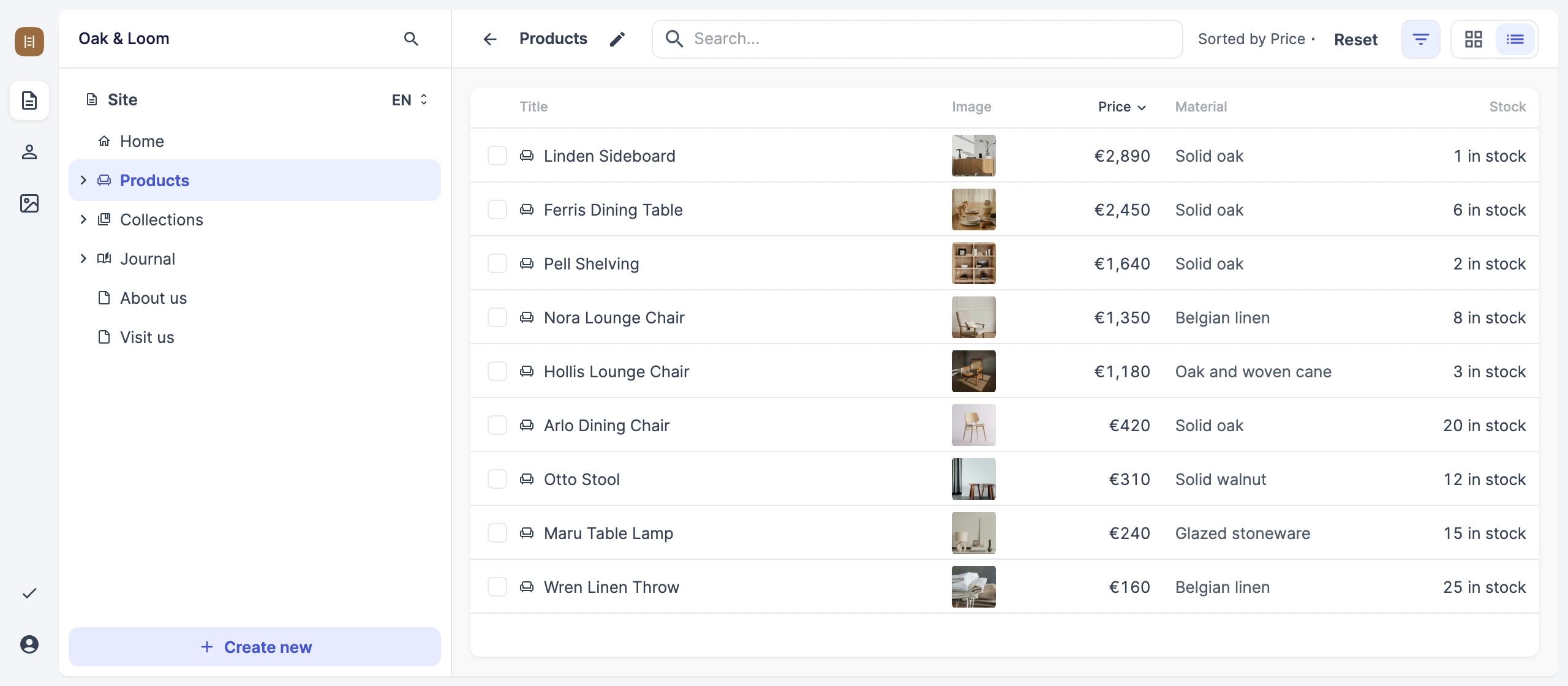 The Alinea dashboard listing products in a sortable table with image, price, material and stock columns