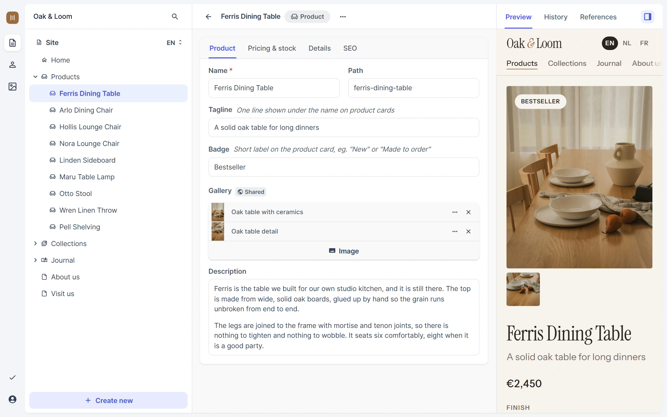 The Alinea dashboard editing a product entry, with a live preview of the page next to the form