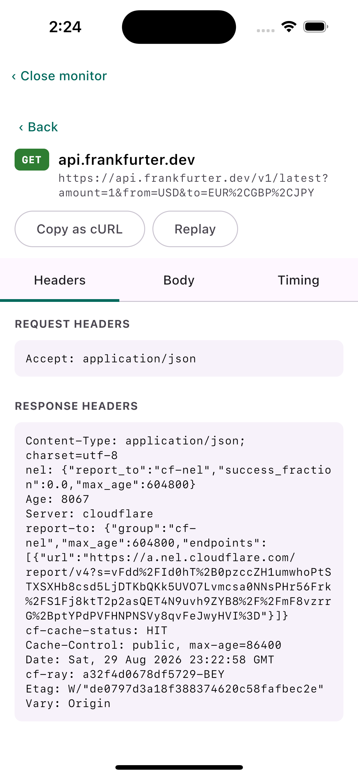 Call detail: headers, Copy as cURL, Replay