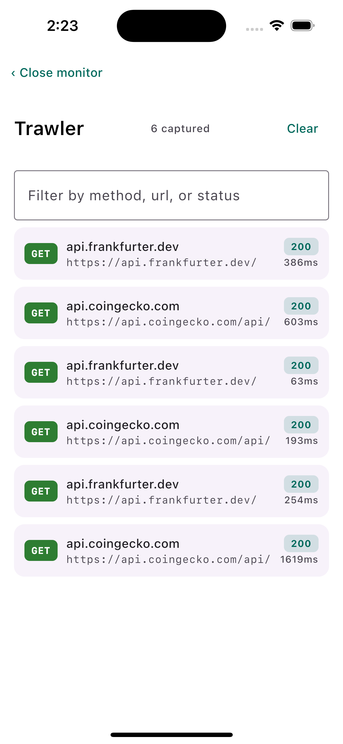 The Trawler monitor listing captured calls
