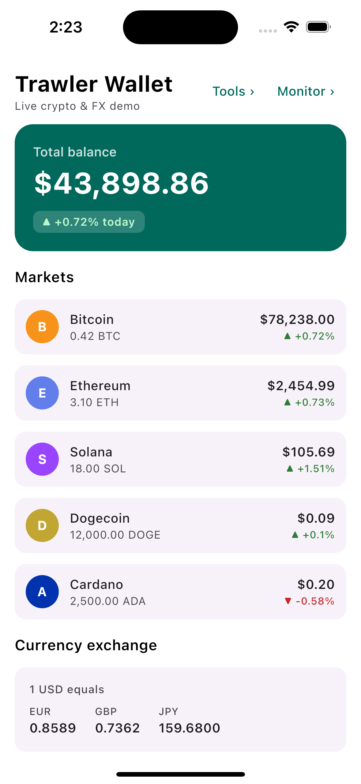 Trawler Wallet, the sample app's dashboard