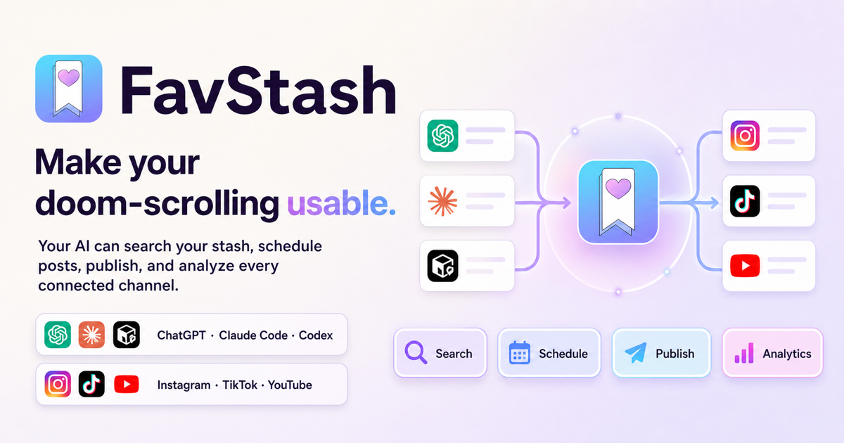 FavStash connects Claude Code, Codex and ChatGPT with Instagram, TikTok and YouTube to save inspiration, schedule, publish and analyze short videos