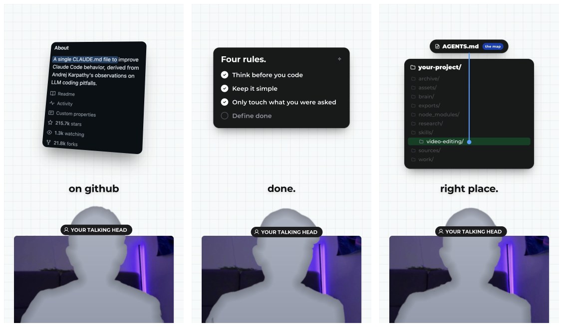 Breakout card: grid page, dark cards and one-word captions, with the speaker's head breaking out of a bottom card