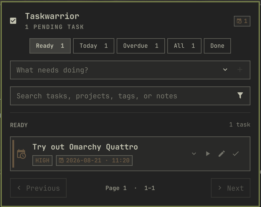 Omarchy Taskwarrior panel showing task filters, quick add, task actions, and pagination