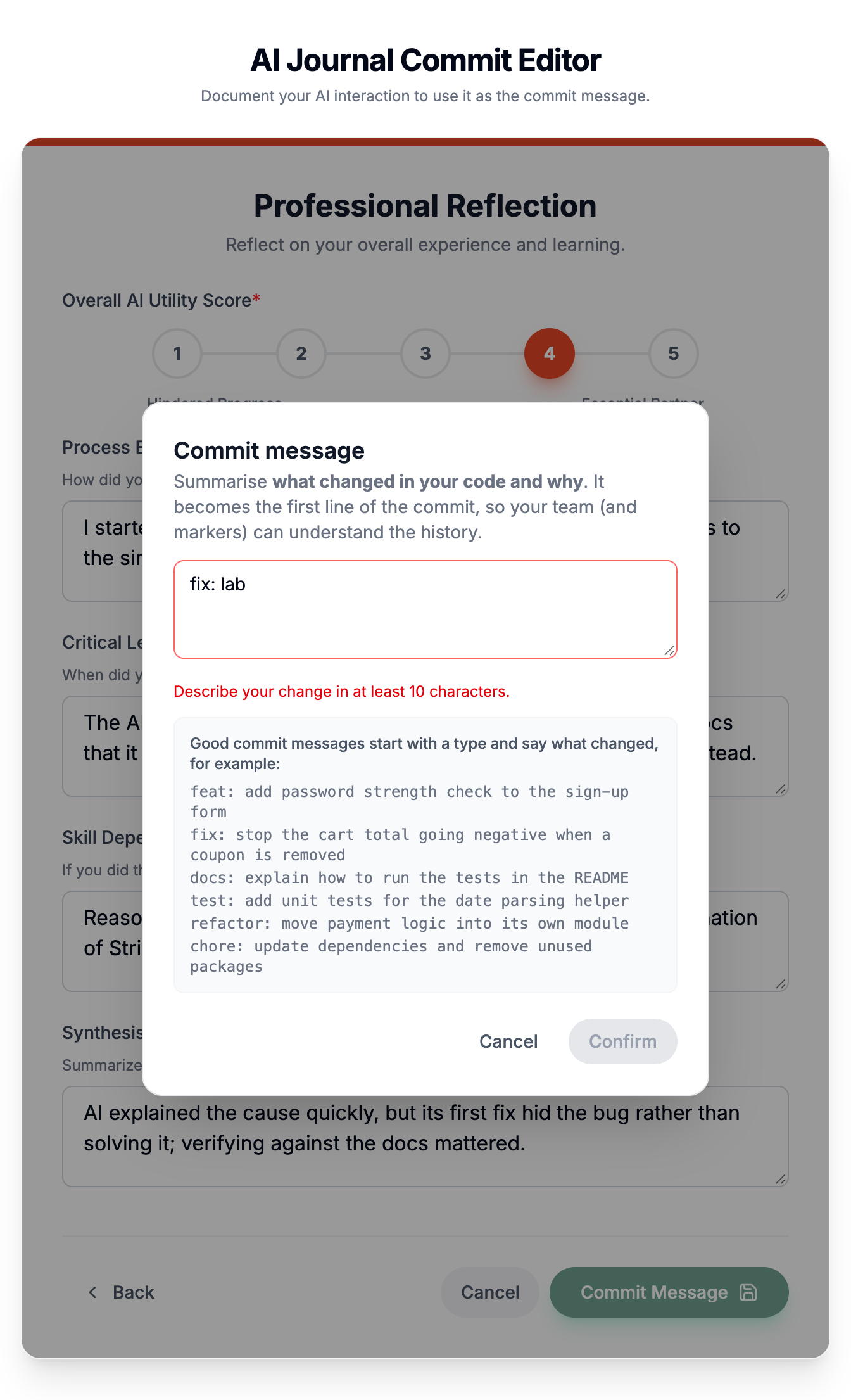Commit message dialog with validation and example messages